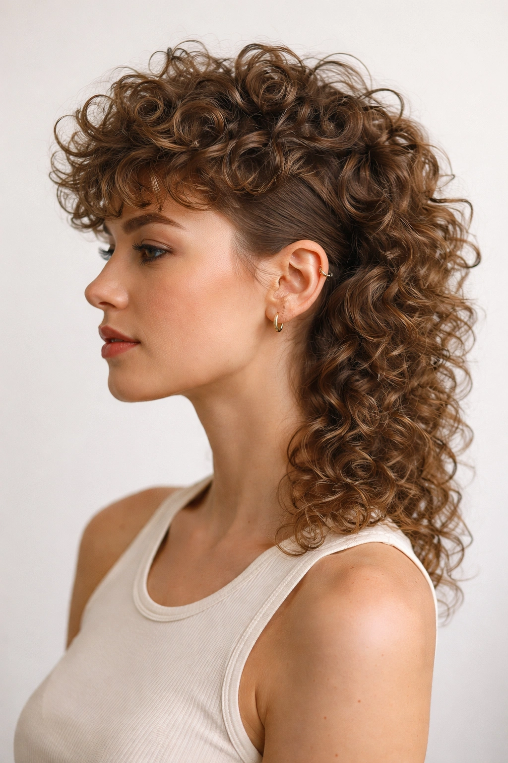 Profile shot of a person with a modern curly mullet showing short top and long back curls