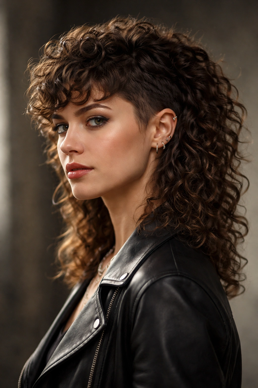 Portrait of curly hair mullet with short front and longer back.
