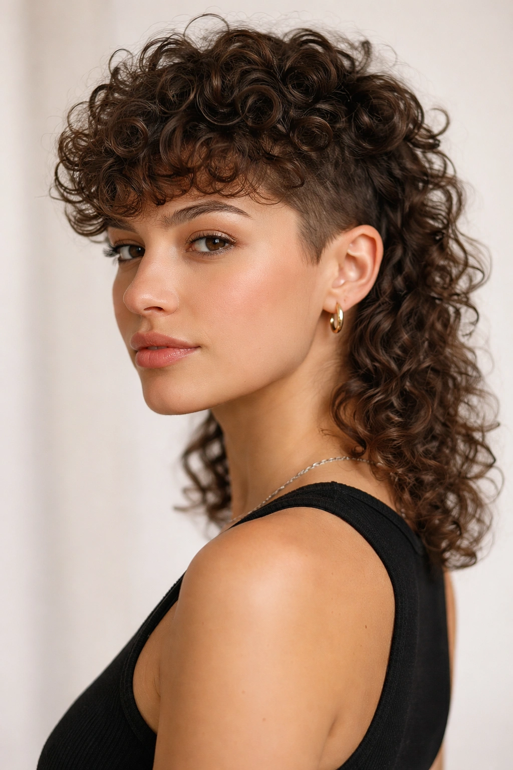Portrait of curly mullet with short sides and long curly back
