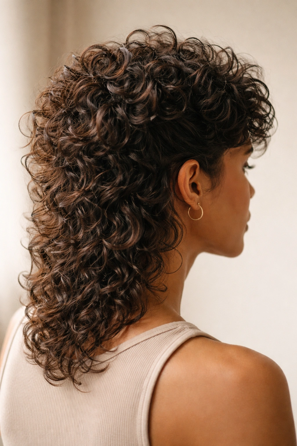 Close-up side profile of a curly mullet showing defined curls and layered texture in studio lighting