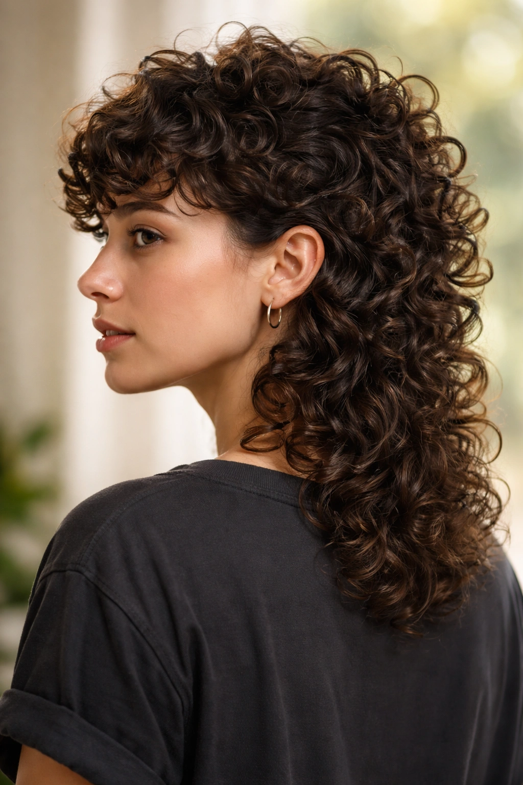 Portrait of a curly mullet with textured layers for movement