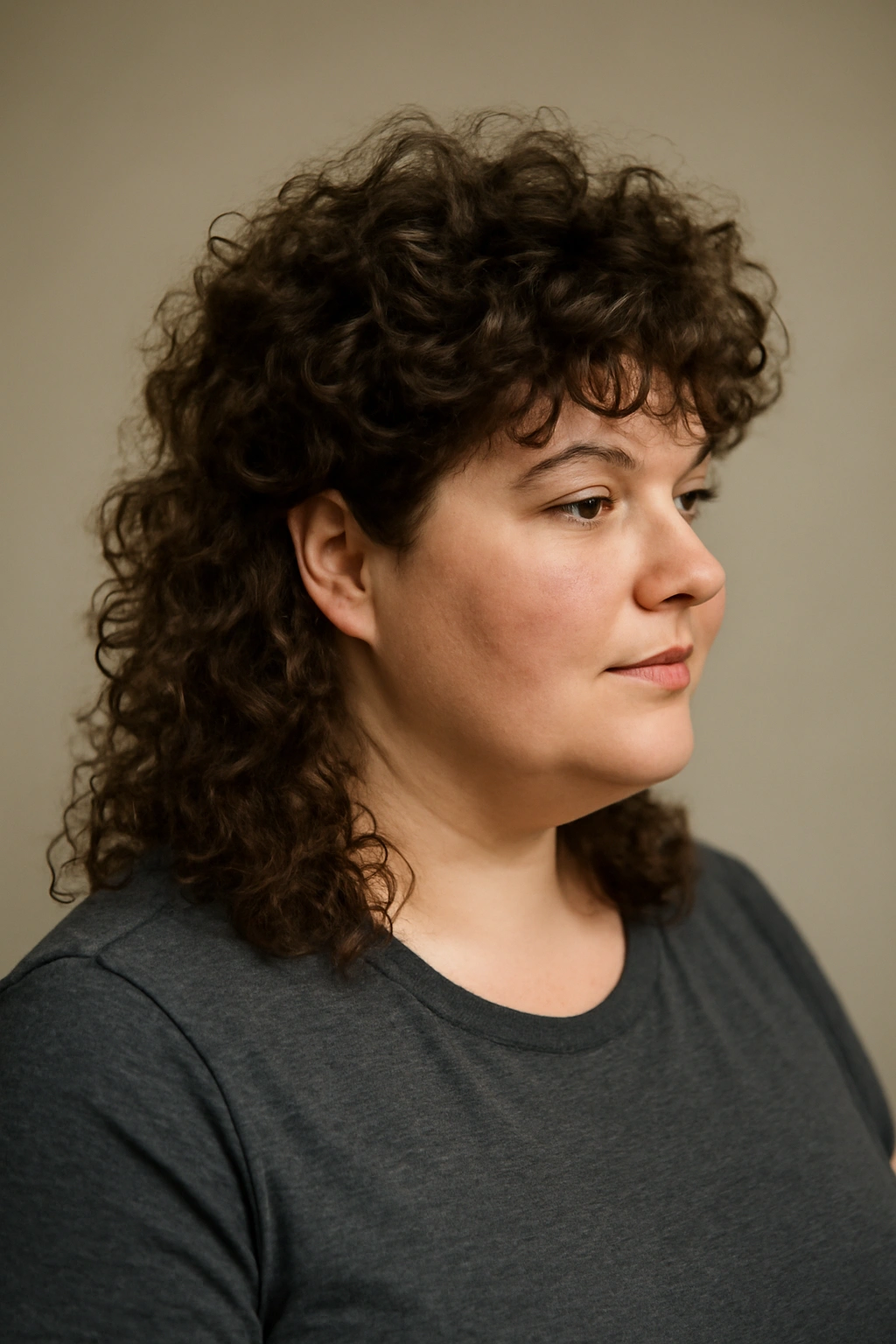 Curly mullet with volume on a plus-size model in studio portrait