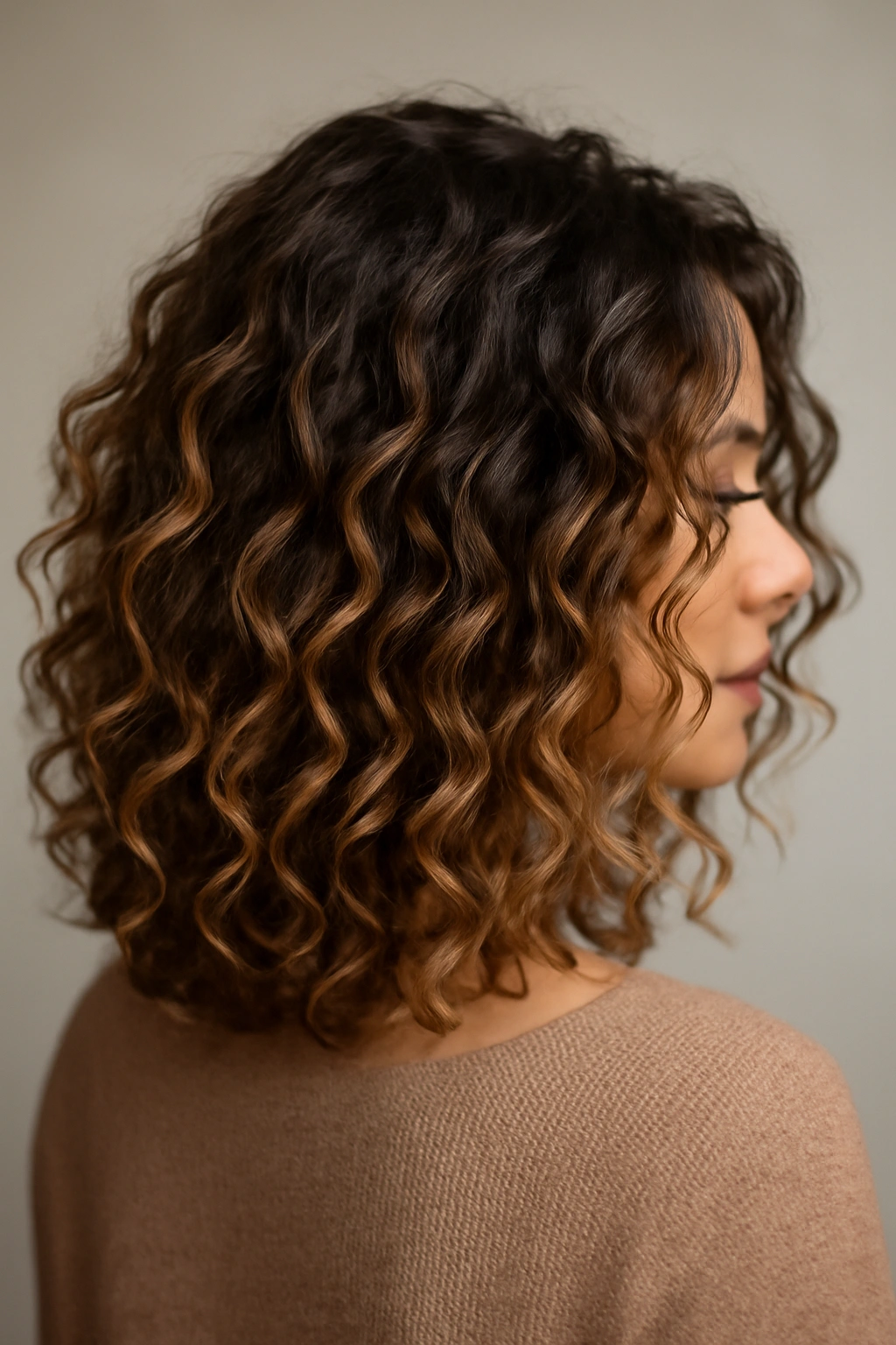 Curly medium-length hair with multitonal balayage showing gradient tones in curls