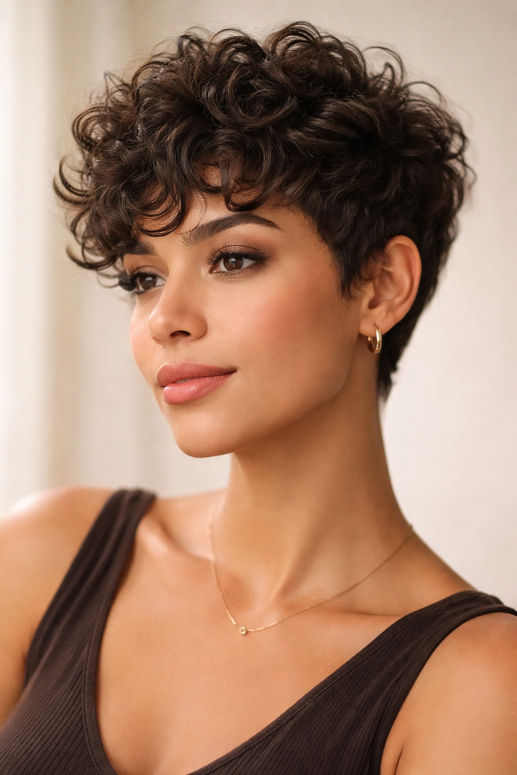 Portrait of a curly pixie crop with crown volume and face-framing curls.