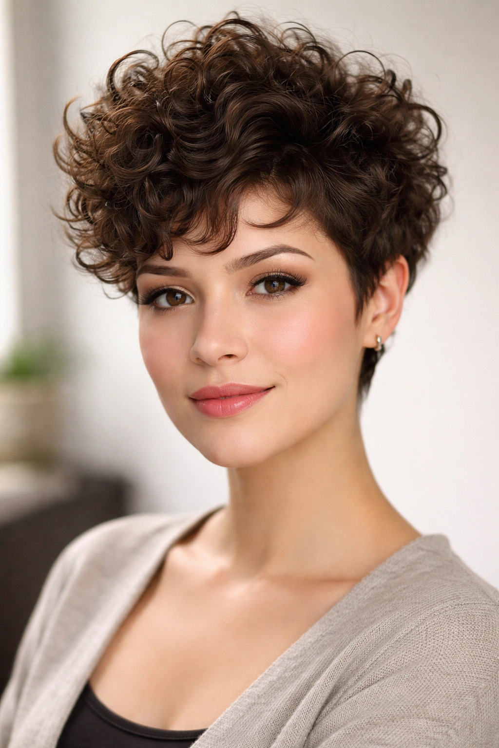 Curly pixie cut with volume at the crown showing texture and height