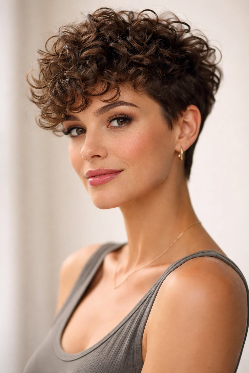Portrait of a person with a curly pixie cut showing defined curls