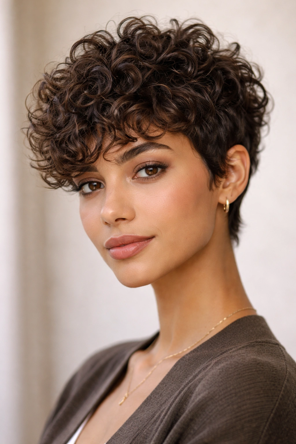 Close-up of a modern textured curly pixie cut with layered curls around ears