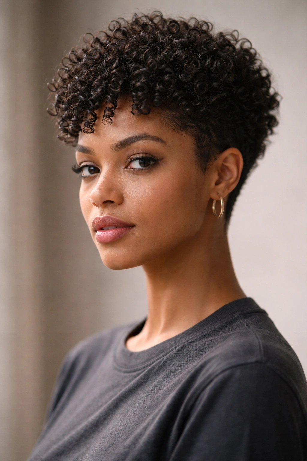 Close-up of a person with a defined curly pixie cut showing textured coils