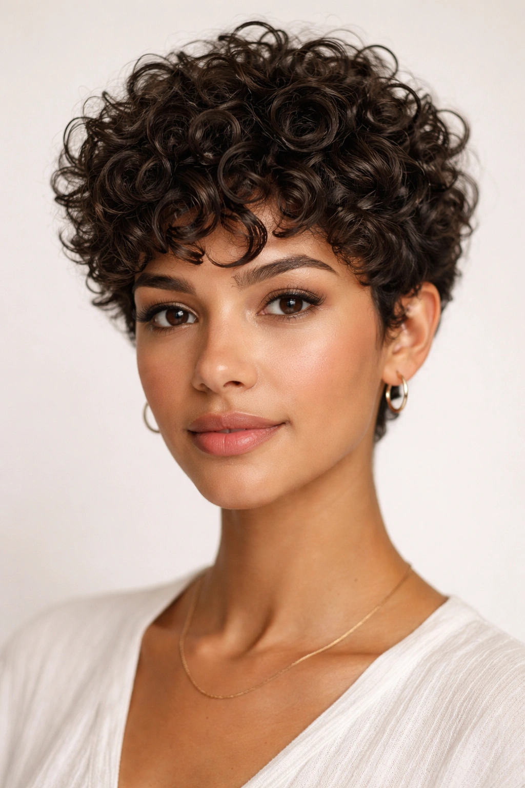 Curly pixie cut with defined curls and layered texture.