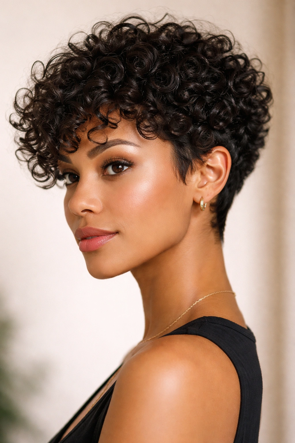 Curly pixie with defined coils, jaw-length layers and tapered back