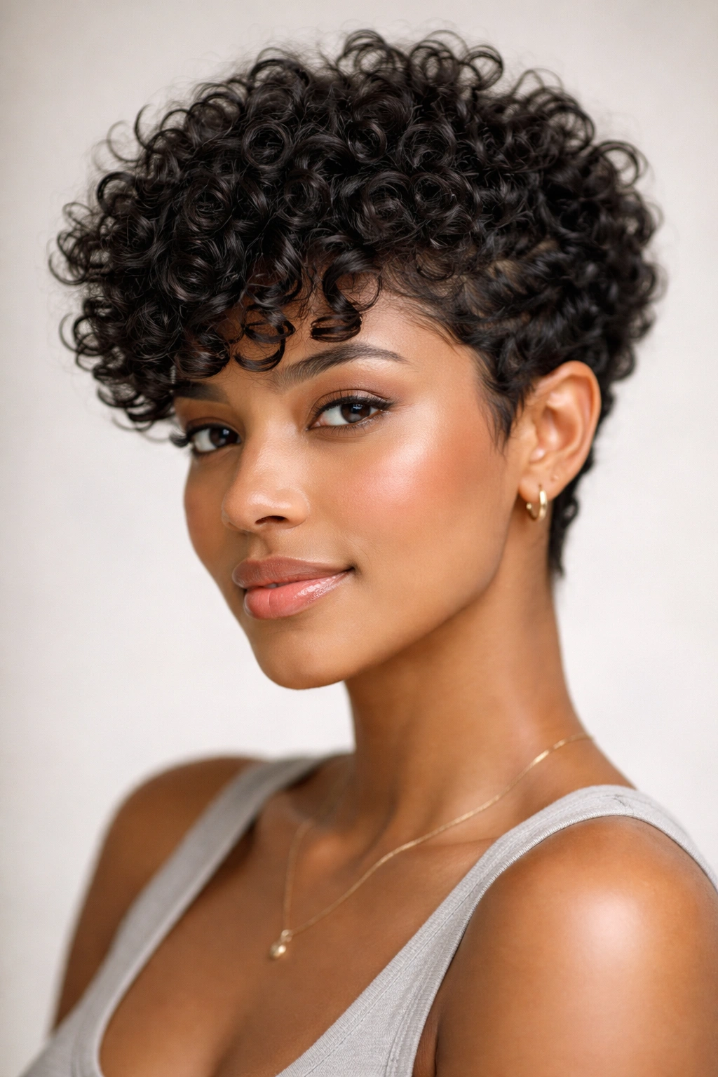 Close-up portrait of a person with a curly pixie and defined coils