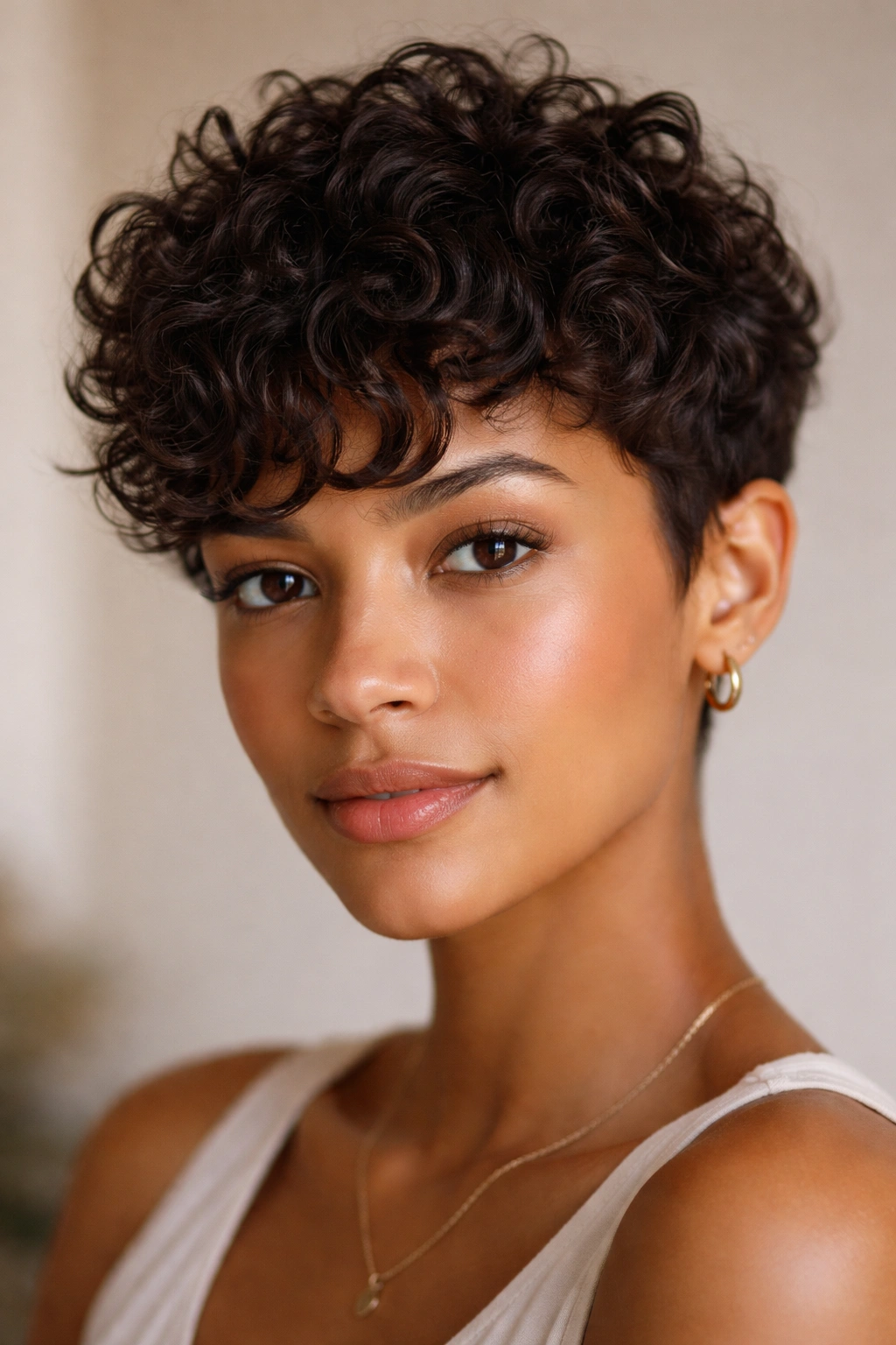 Close-up of curved fringe pixie haircut with soft curls framing the face