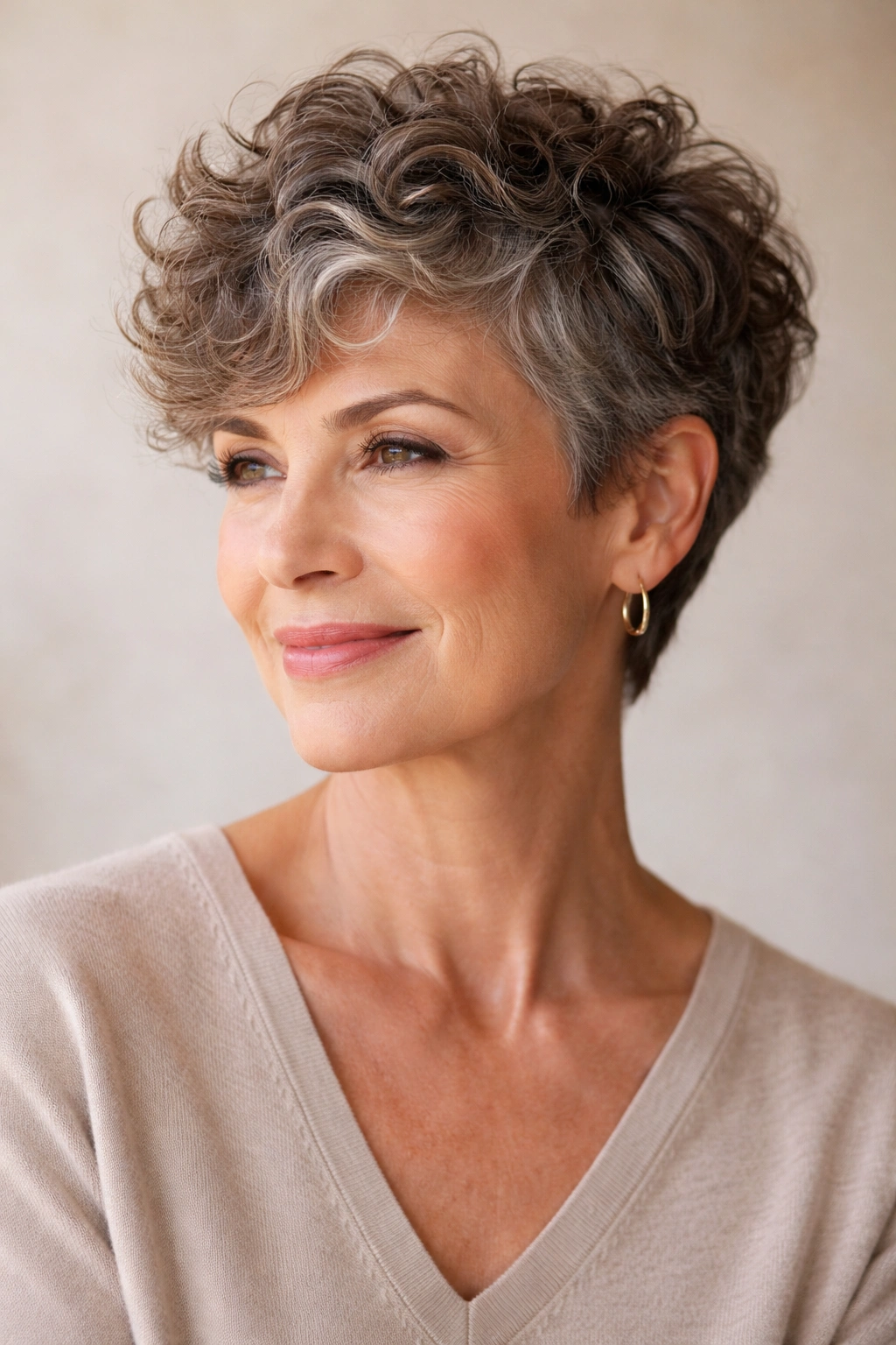 Close-up portrait of a curly pixie haircut showing defined curls and volume