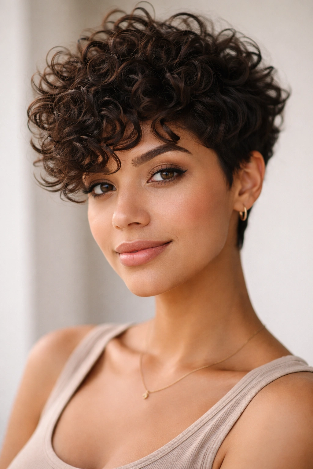 Close-up of a person with a curly pixie hairstyle with defined curls