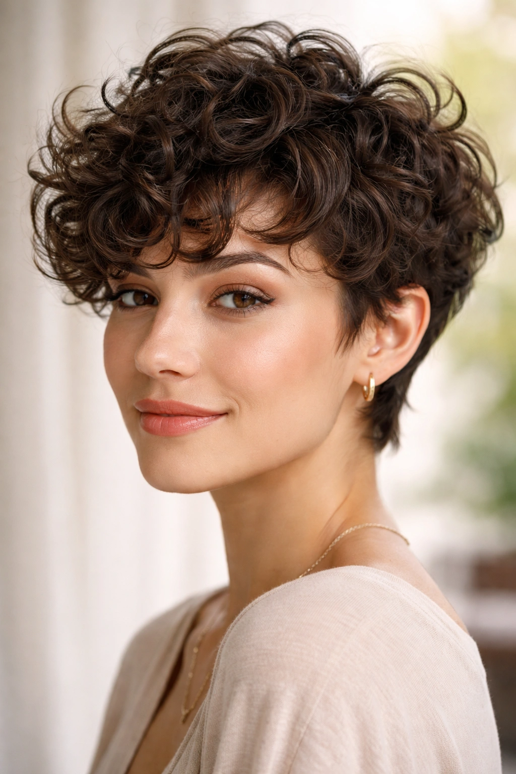 Close-up of a curly pixie hairstyle with defined curls