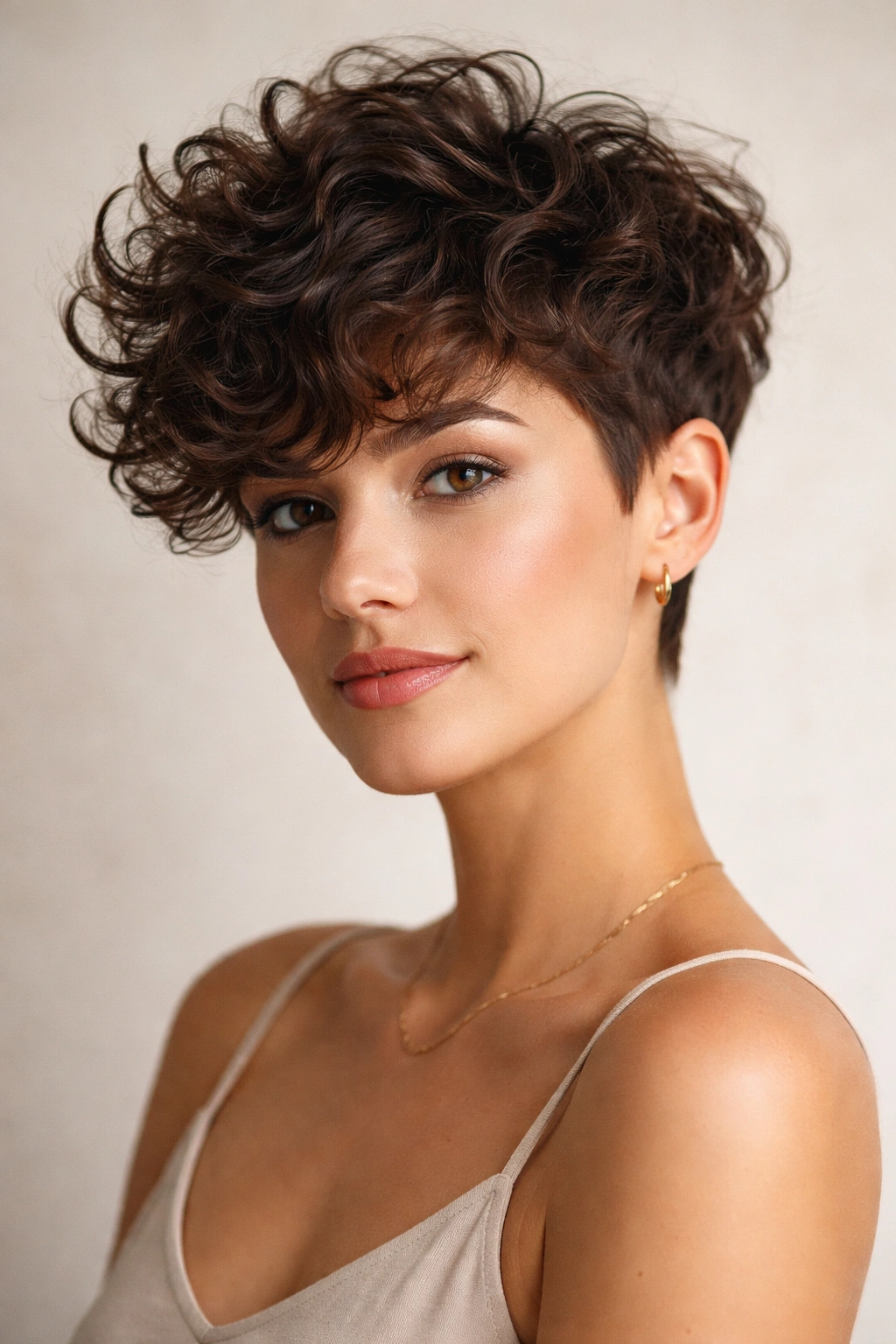 Portrait of curly long pixie with volume showing defined curls and layered top.