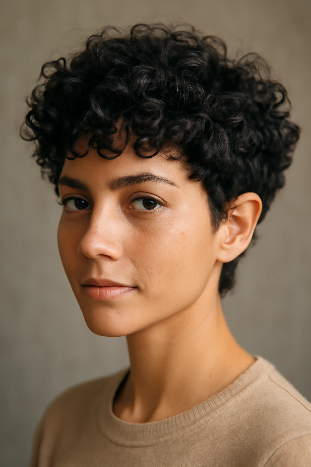 Curly pixie cut showing natural curls and defined texture.