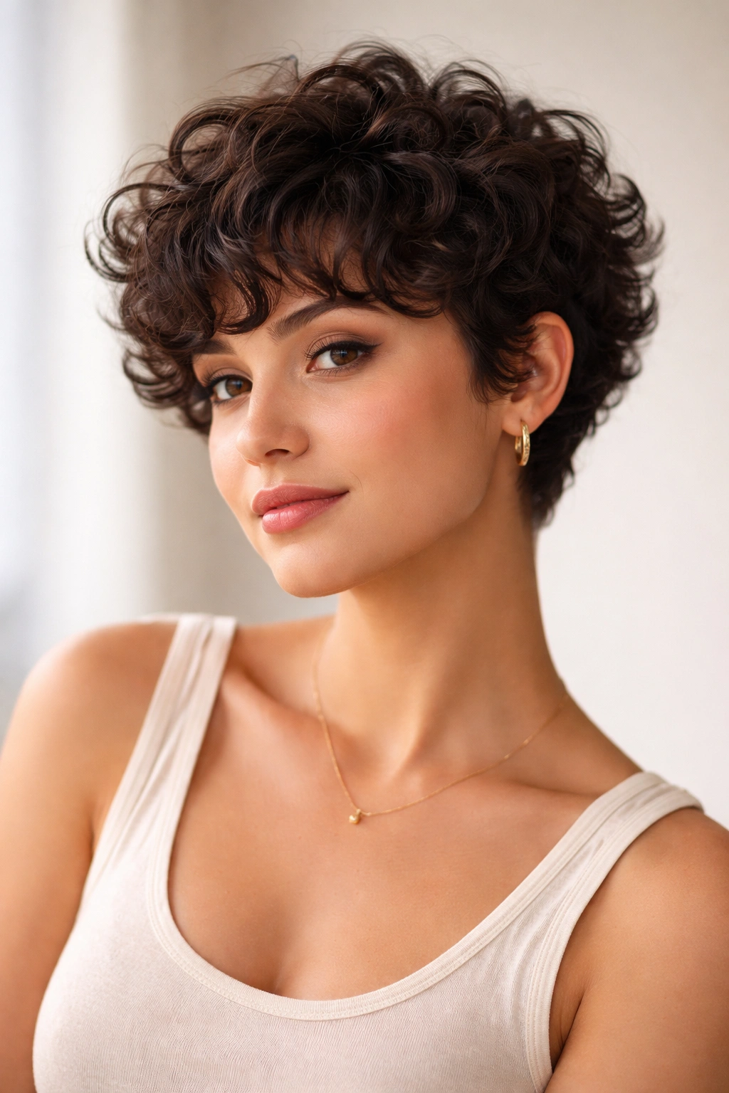 Curly pixie with rounded bangs showing defined curls