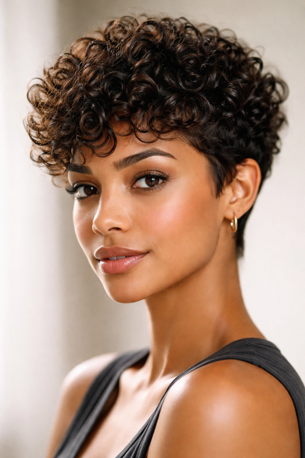 Curly pixie cut with defined curls and a short crown.