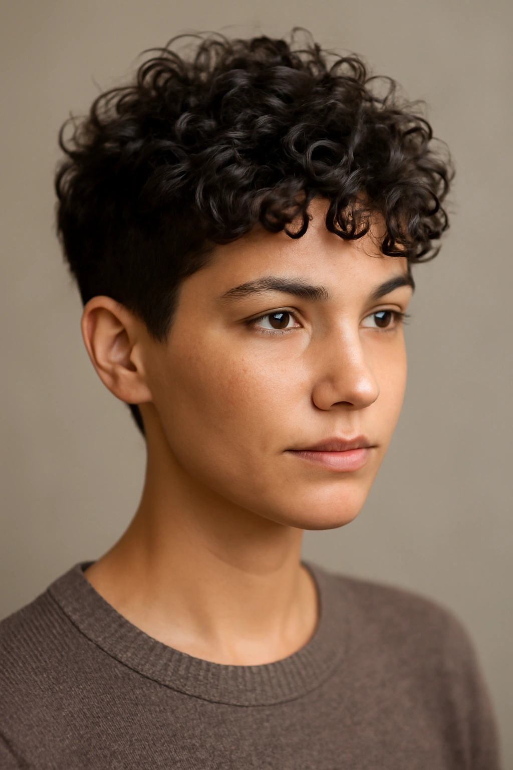 Close-up portrait showing a curly pixie haircut with high curl texture and short sides.