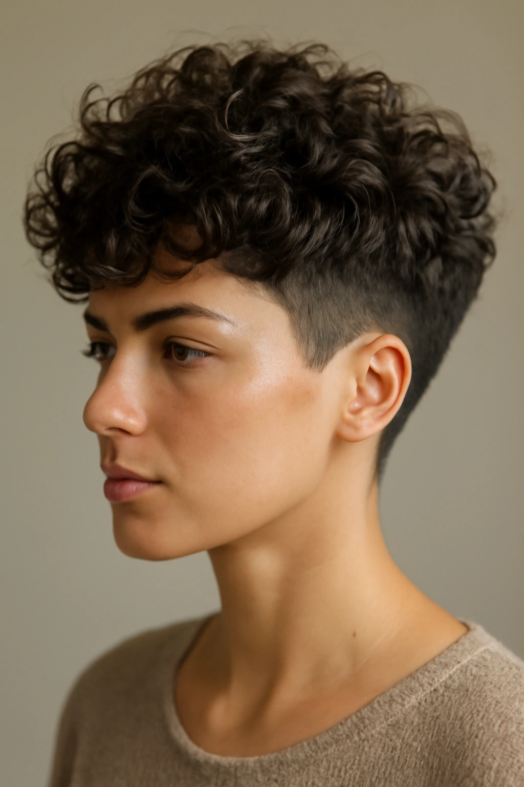 Close-up of The Curly-Topped Pixie with a curly top and tapered sides