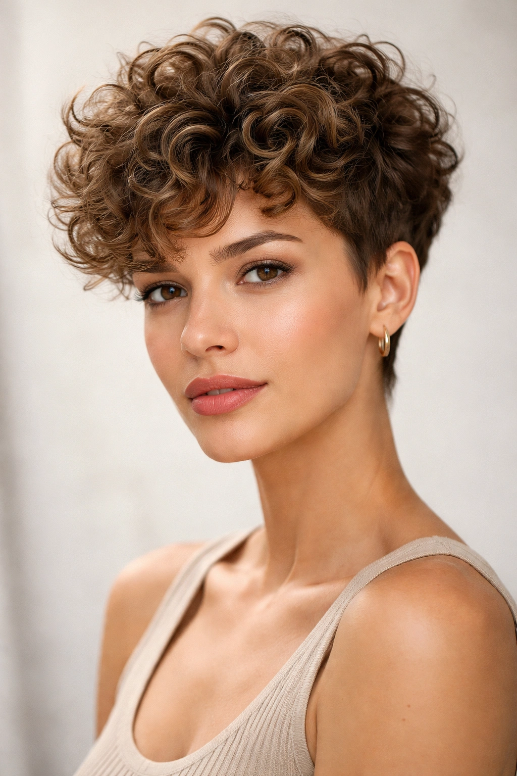 Curly pixie with volume showing defined curls