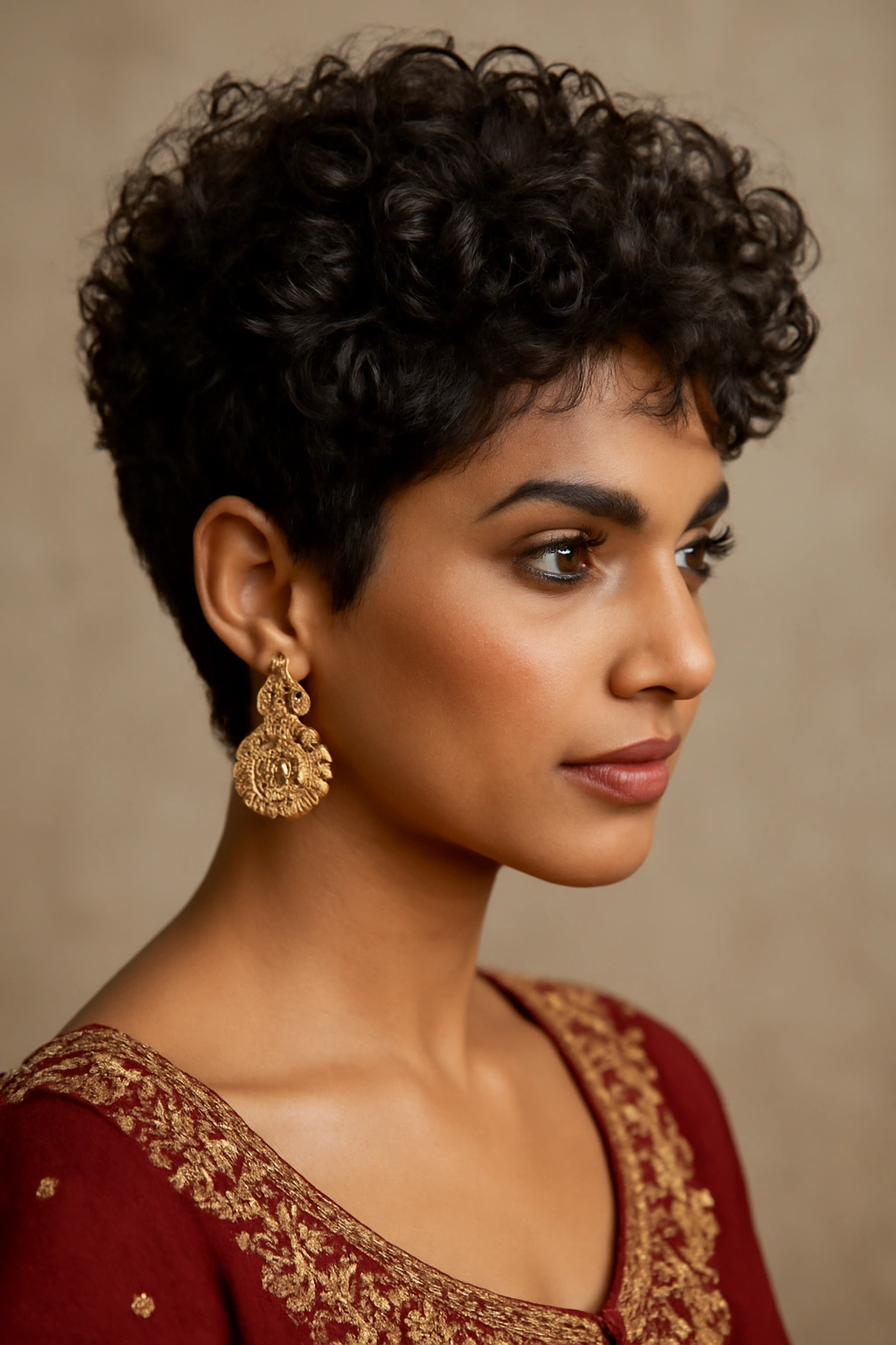 Close-up of curly pixie cut with volume at the crown
