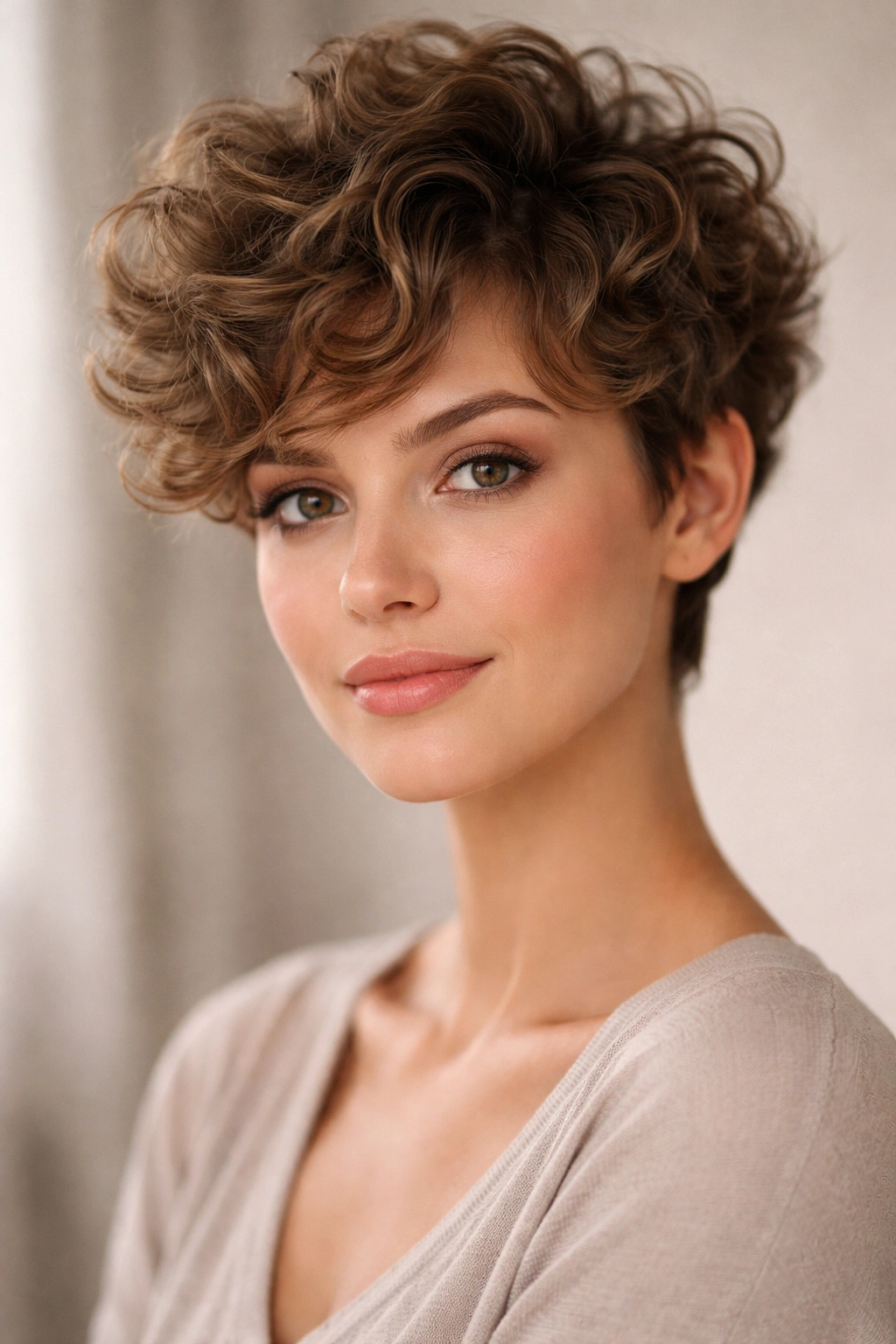 Close-up of a woman with a curly pixie cut and voluminous curls in soft studio lighting