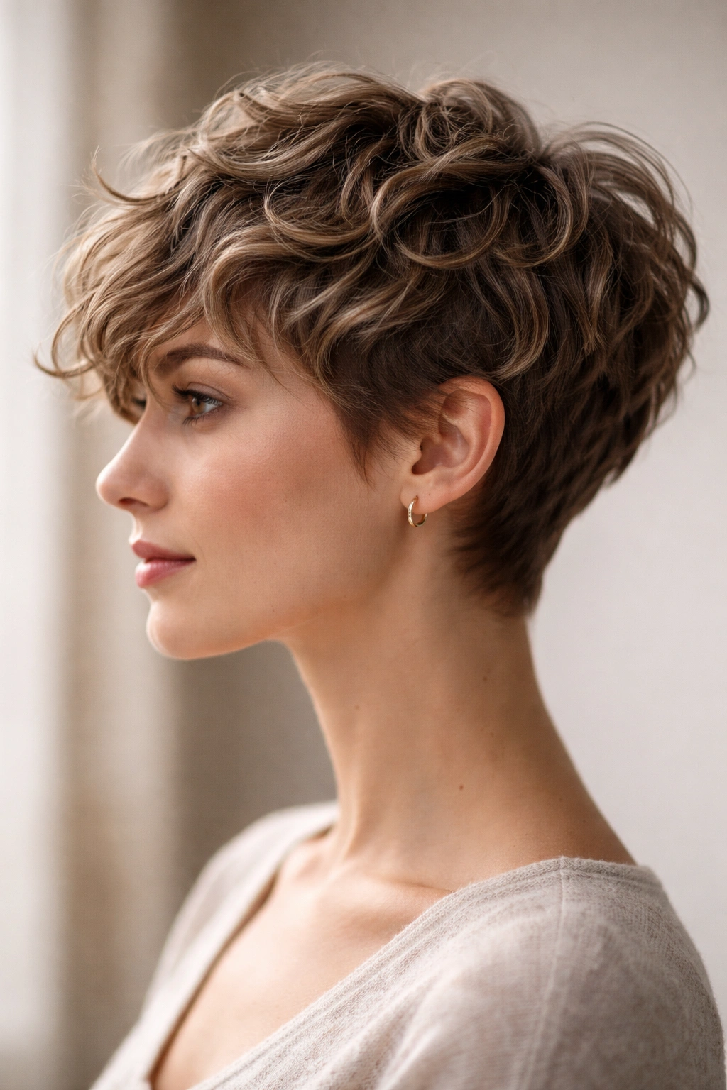 Close-up profile of a Curly Girl Method pixie with layered waves and defined curls