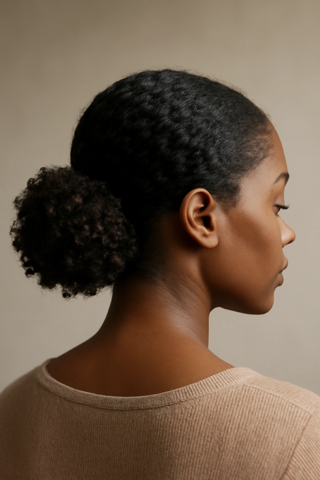 Curly puff low bun highlighting natural curl texture and volume
