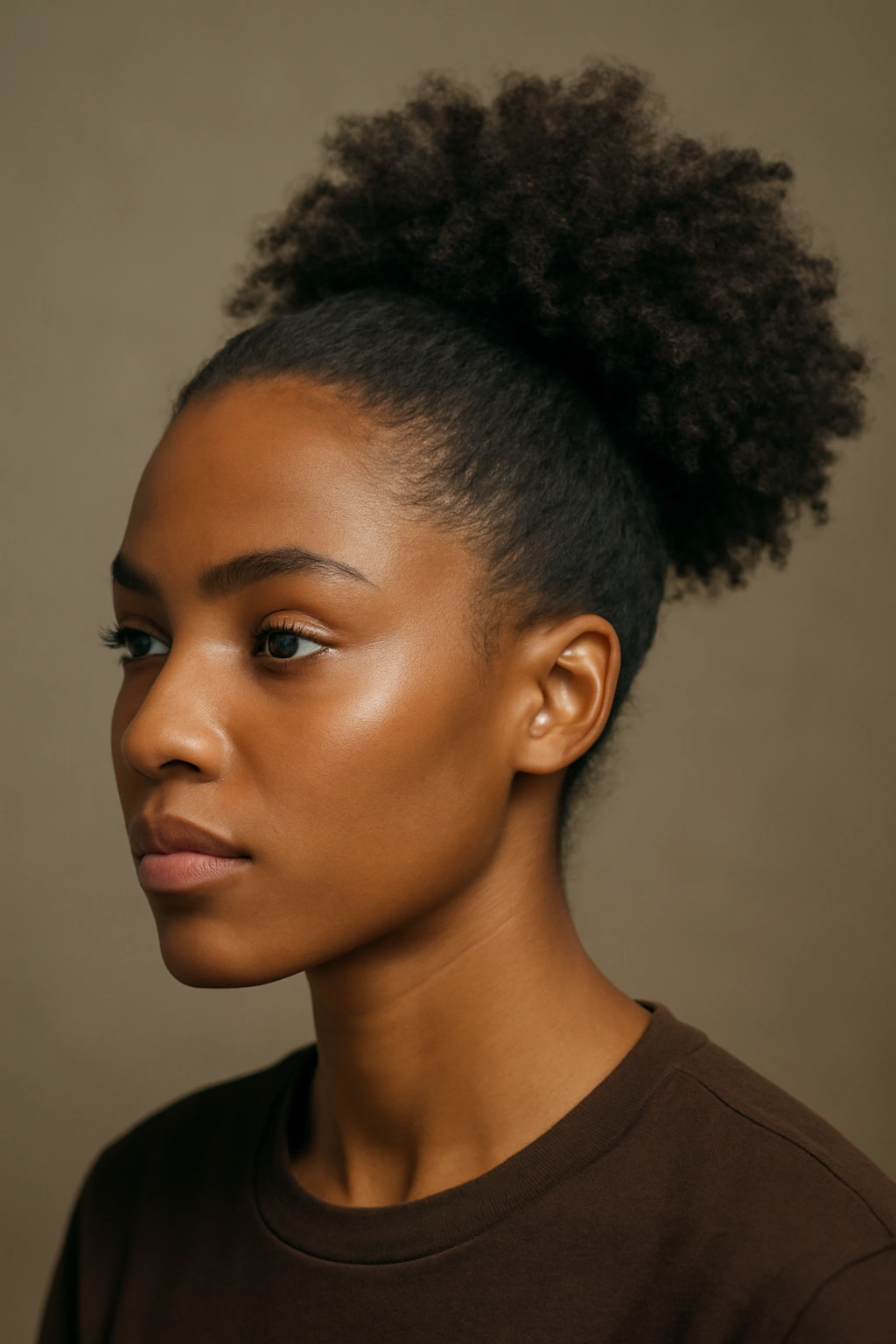 Close-up portrait of a Black woman with natural curls forming a voluminous crown puff.