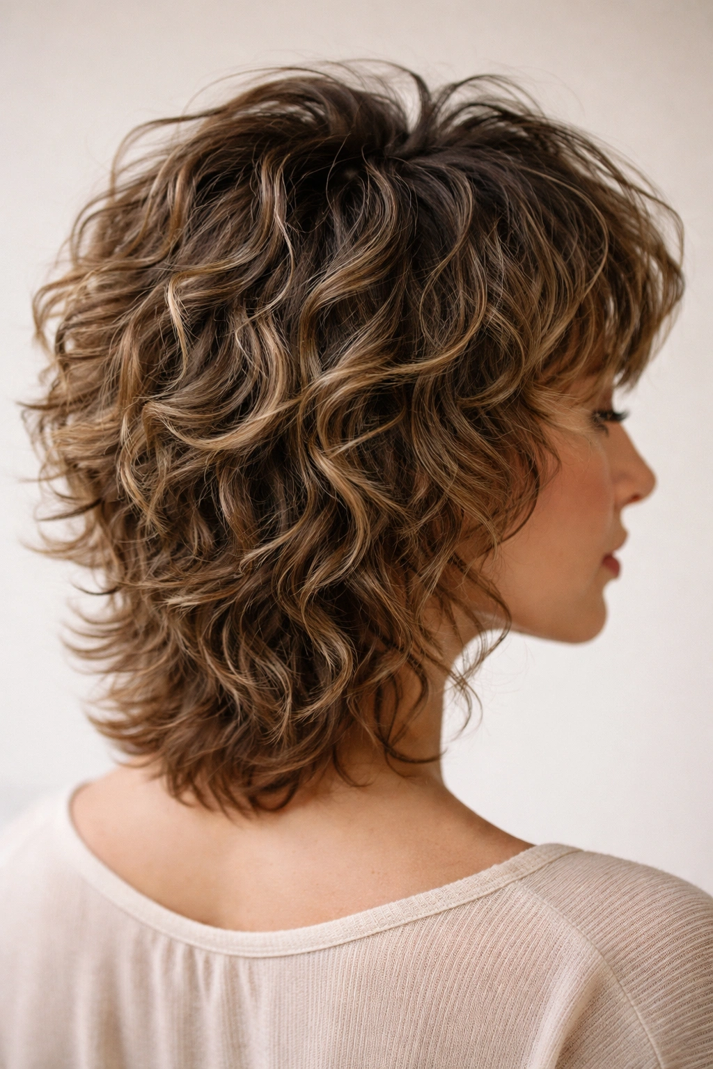 Curly shag with cropped crown and longer back showing lifted waves.