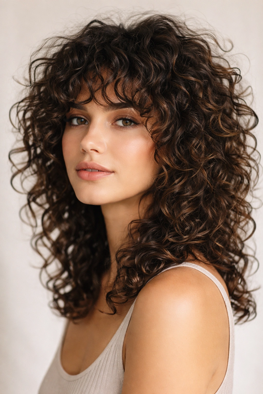 Close-up of naturally curly hair with a defined Curly Girl Method shag and curl pattern