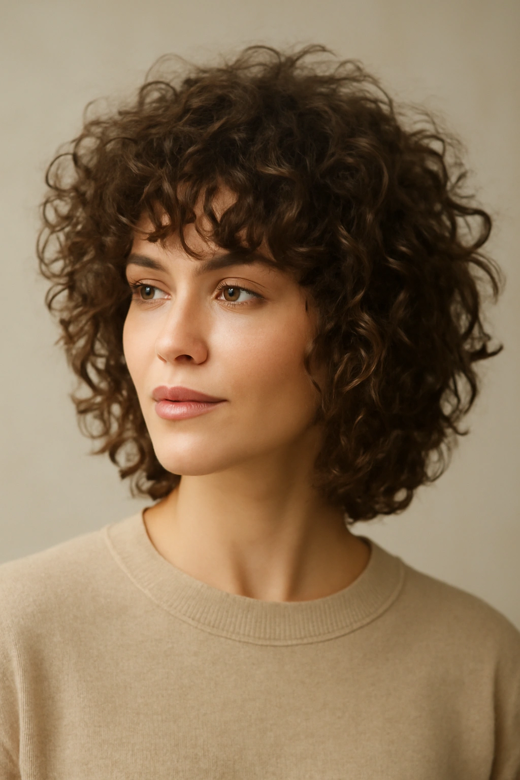 Portrait of curly shag with face-framing layers highlighting natural curl pattern.