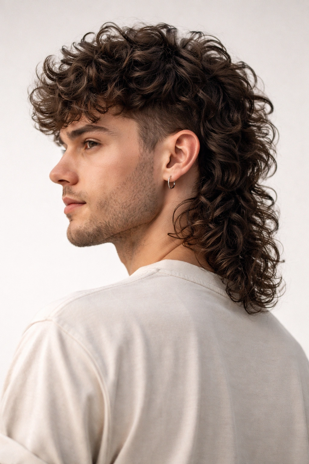 Portrait of a curly shag mullet with short top and longer back