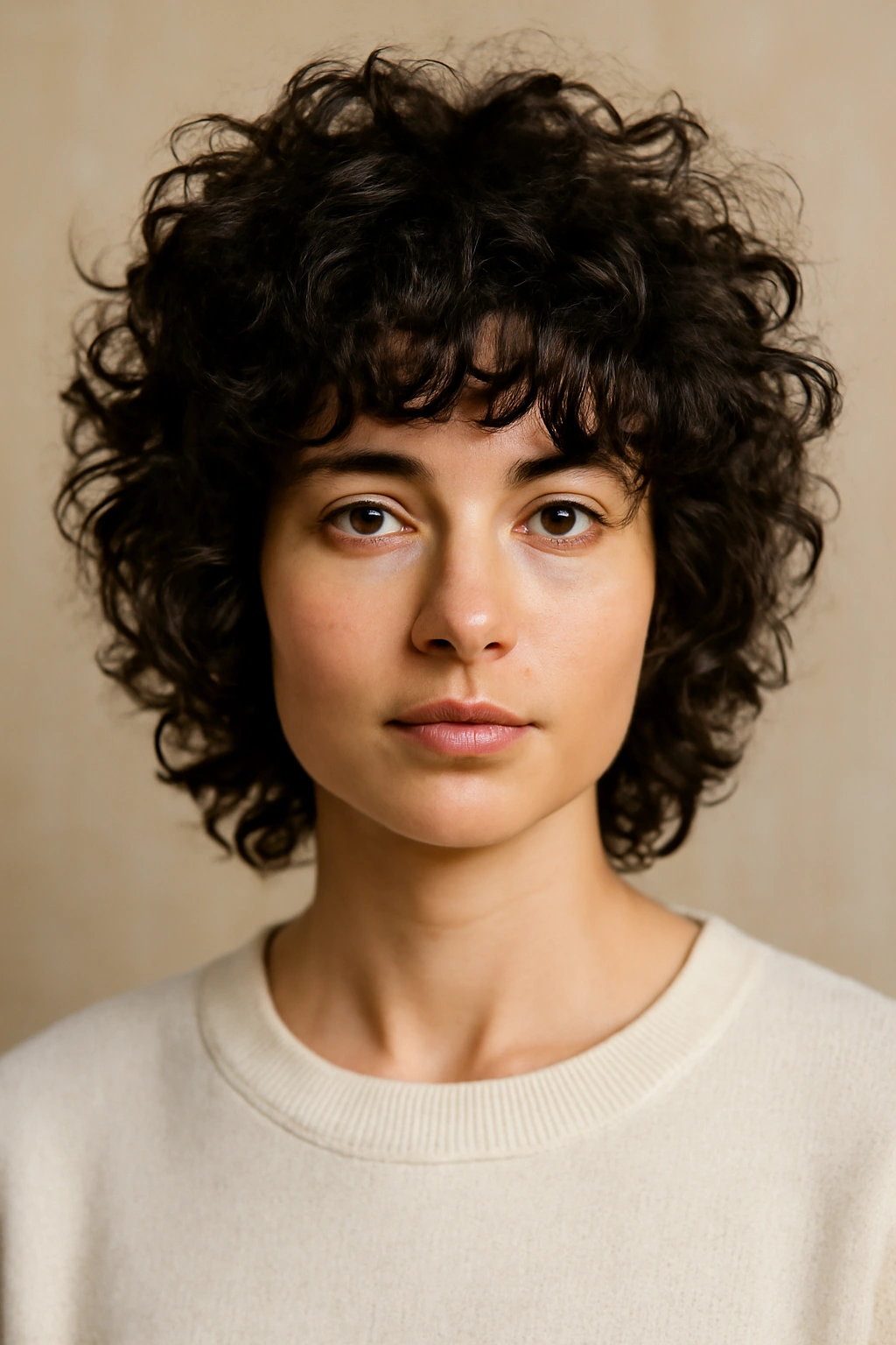 Close-up of curly hair styled in a textured shag to define curl clumps