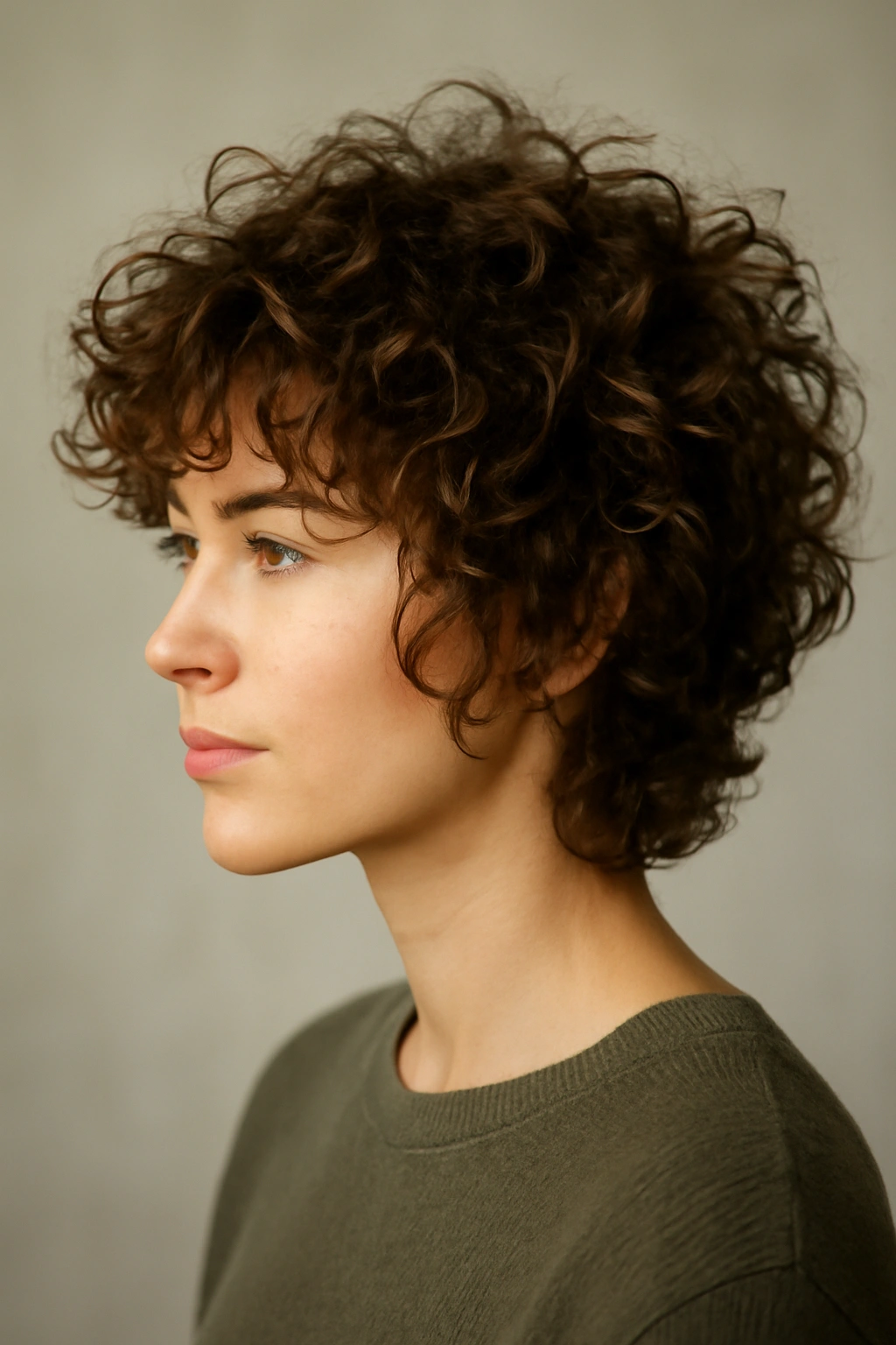Close-up of curly shag with layered texture and wave definition