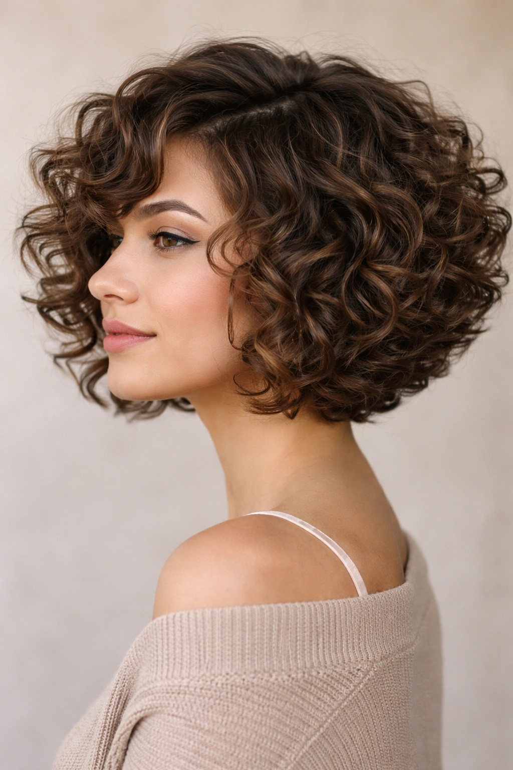Close-up of curly stacked bob with defined curls and layering