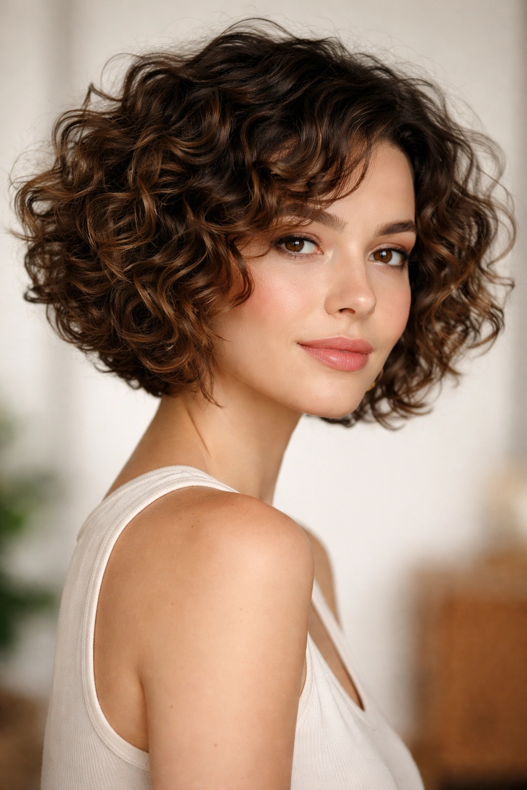 Portrait of a model with curly stacked bob showing defined curls and layered texture
