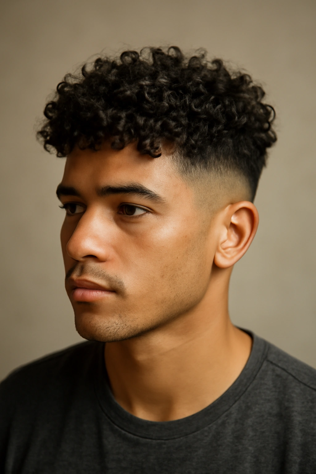 Close-up of curly hair with a tapered sides and a textured top.