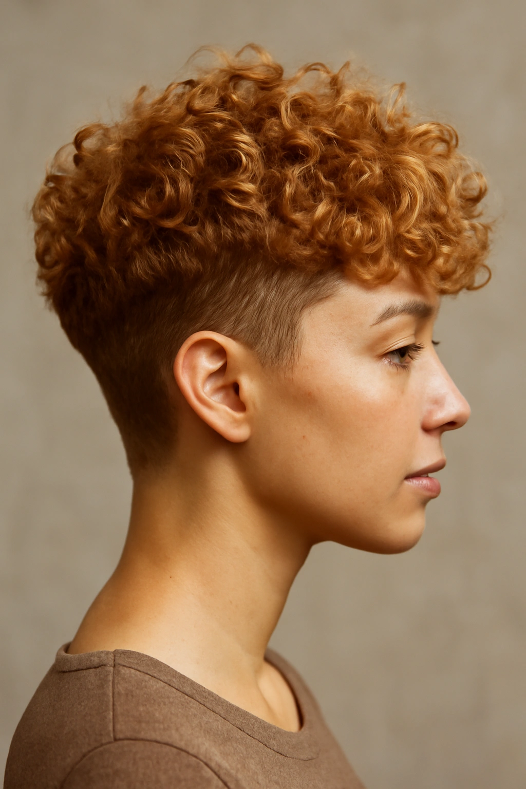 Curly textured strawberry blonde with tapered back and longer top