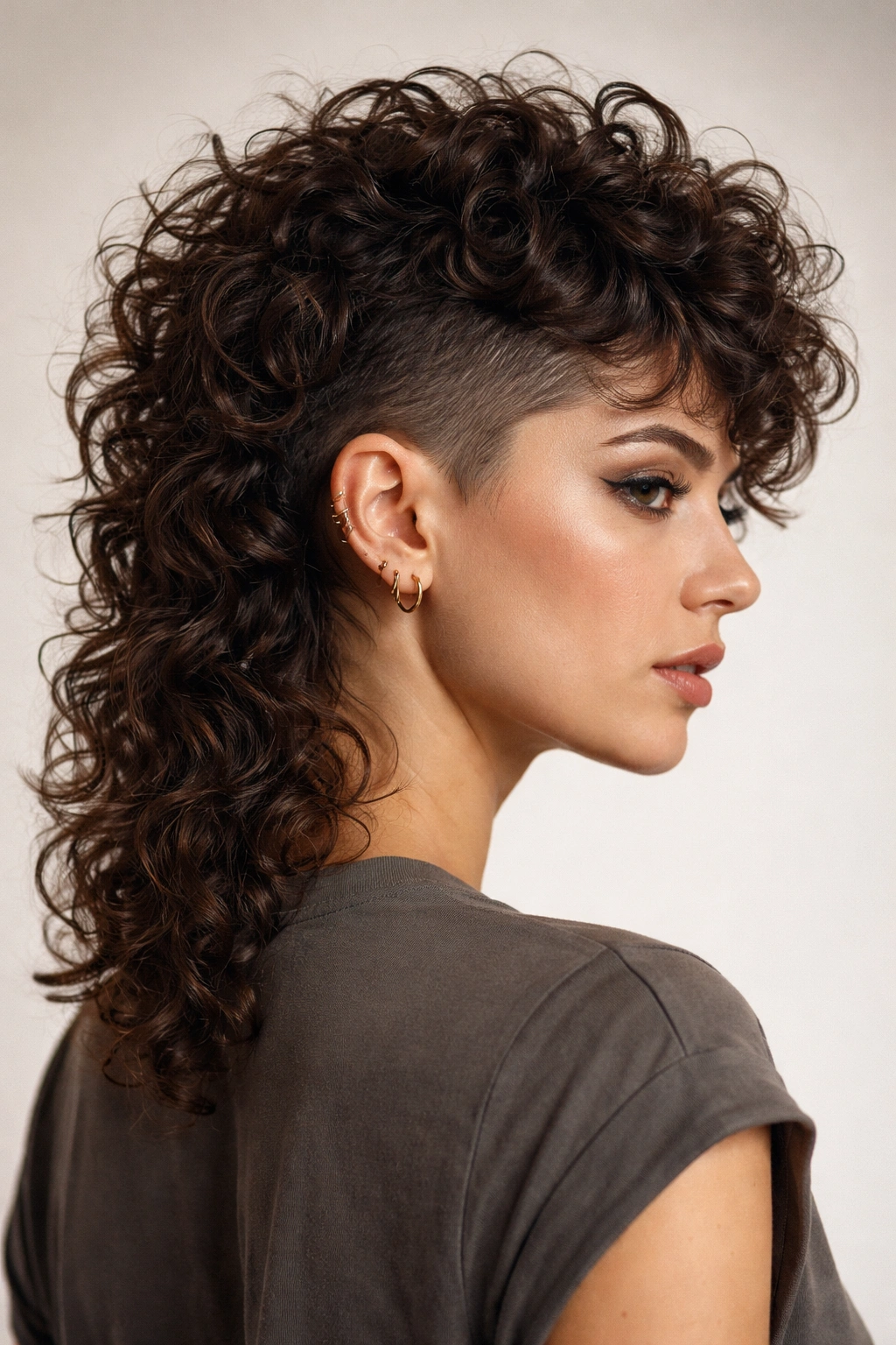 Curly-textured mullet undercut with defined curls and tapered sides.