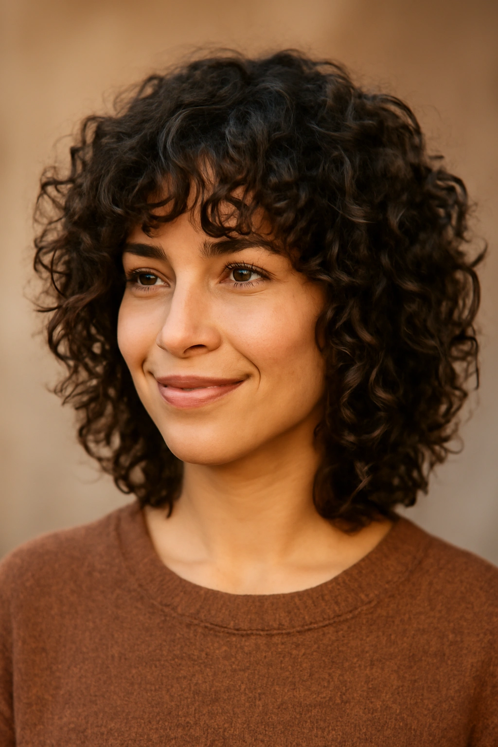 Head-and-shoulders portrait of a model with a curly-textured shag featuring defined layers and prominent curl pattern.