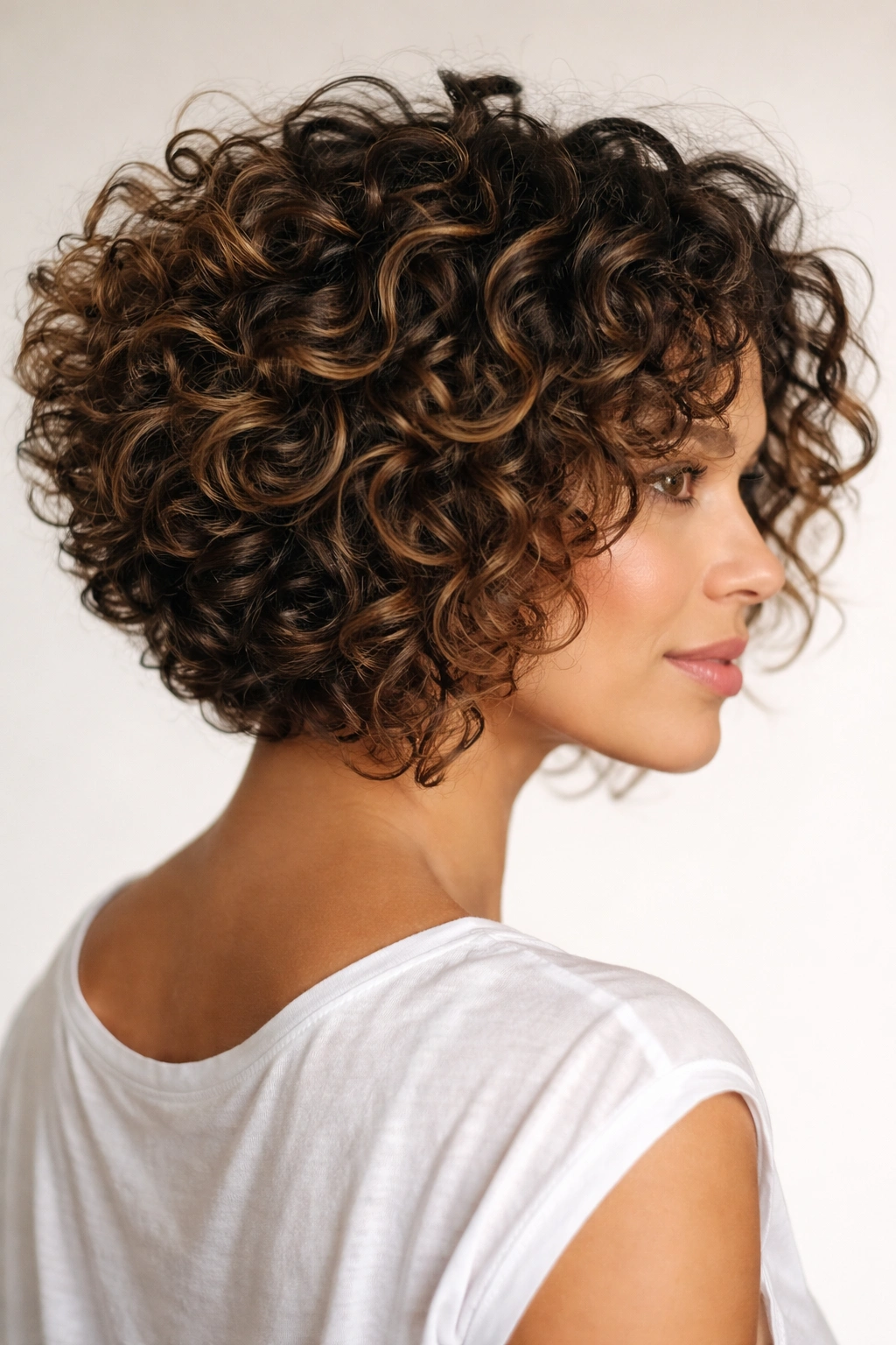 Close-up of curly textured stacked bob showing lift and pronounced curl pattern.