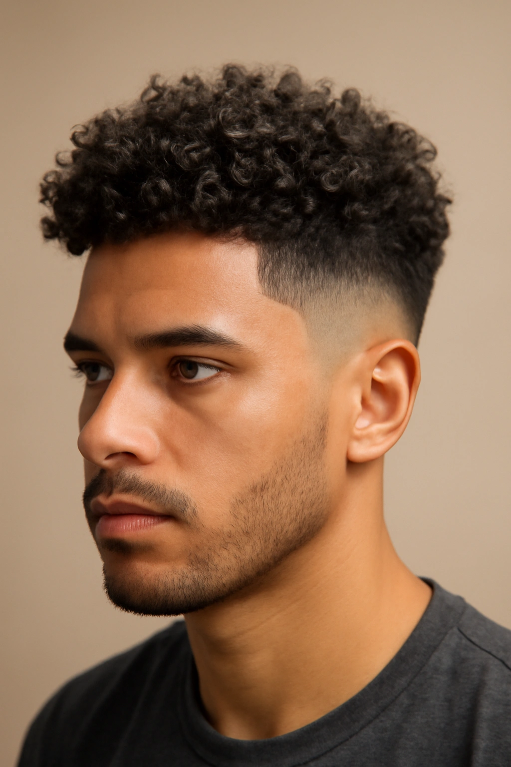 Close-up of a man with curly top fade, curls on top and faded sides