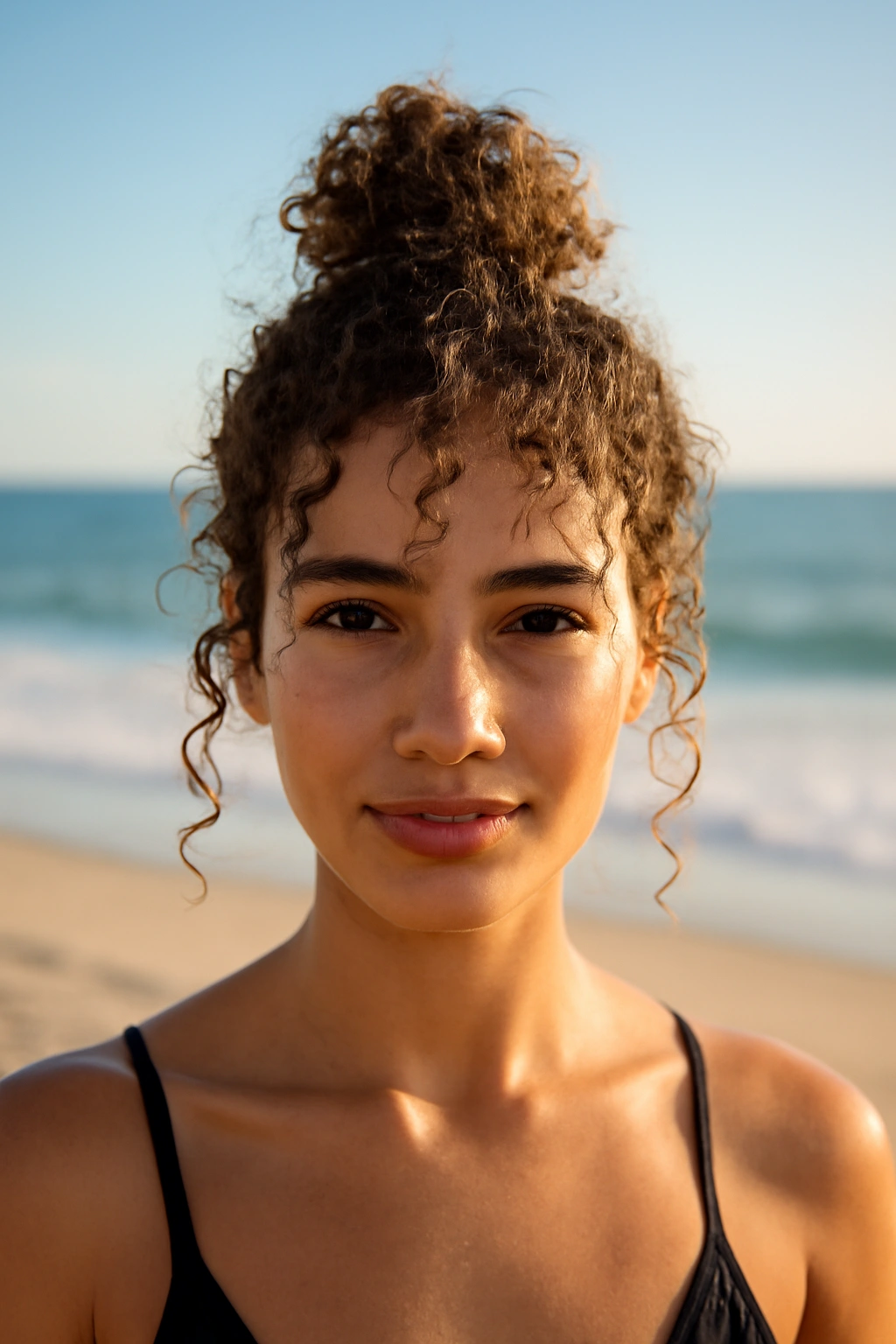 Loose curly top knot on short hair at the beach