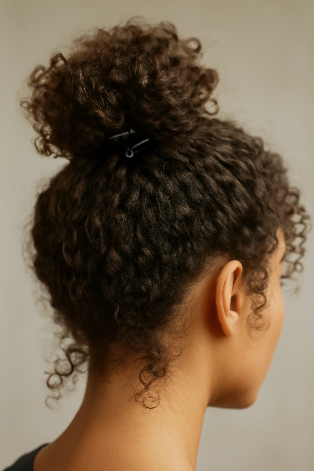 High top knot on curly hair secured with a clip