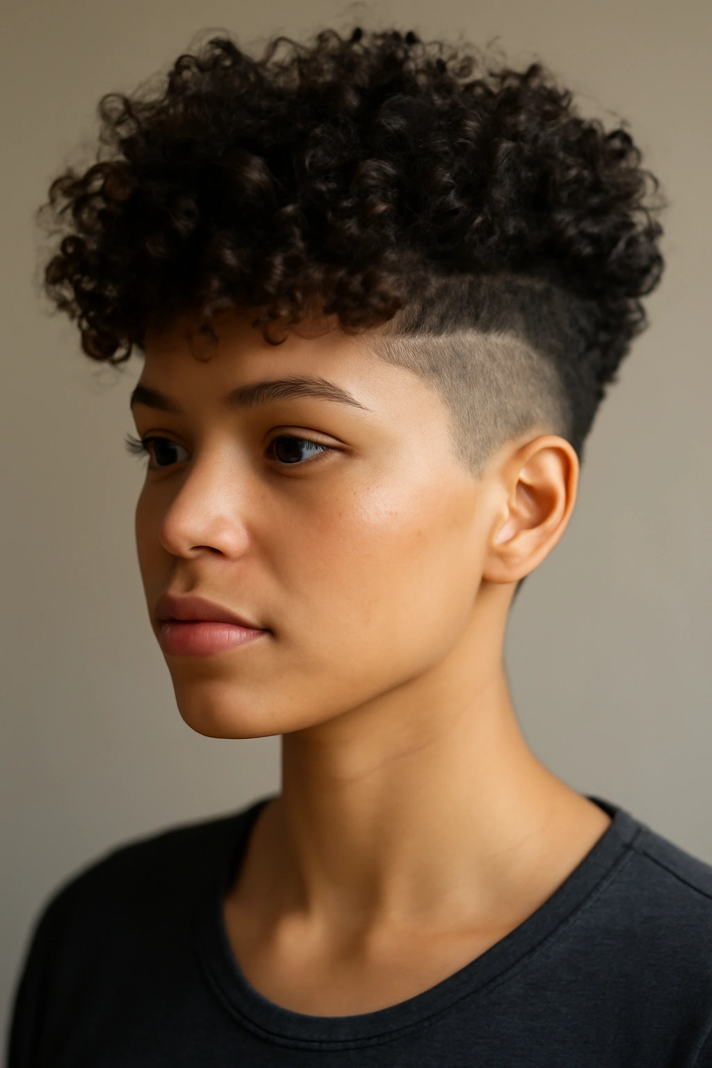 Close-up of a person with curly top and undercut showing texture contrast