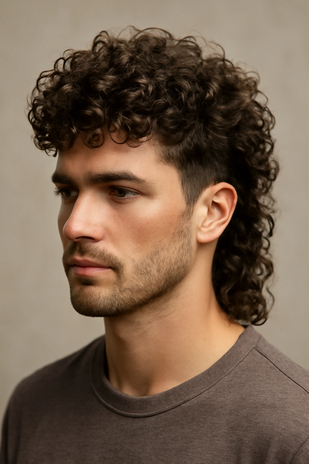 Curly volume mullet showing natural curls on top and back