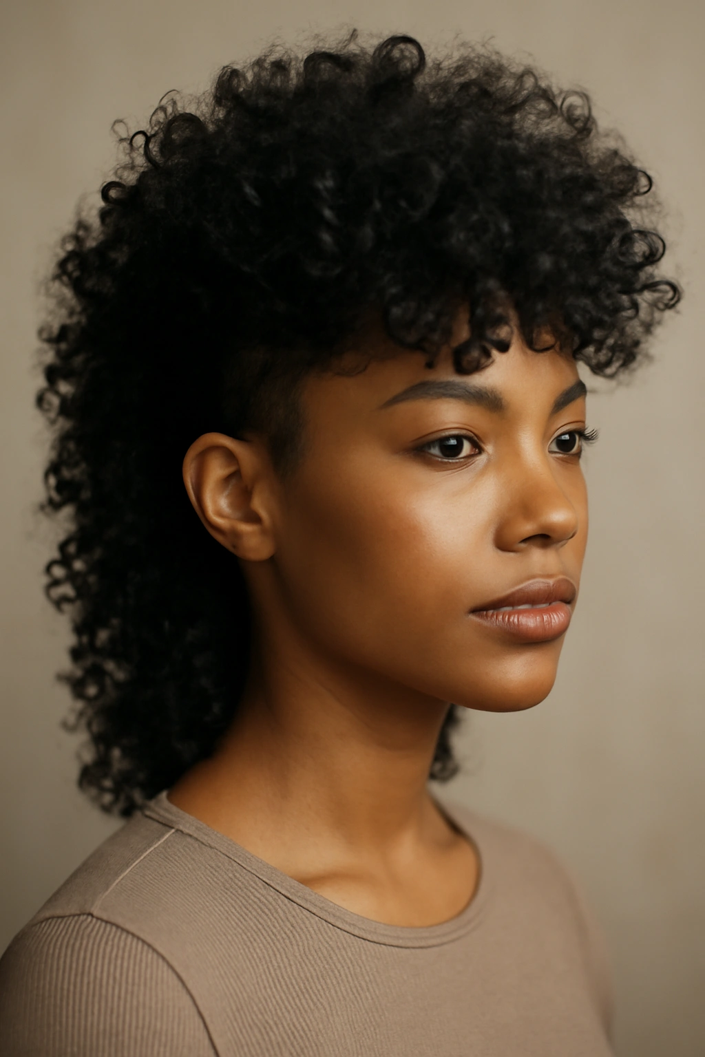 Portrait of a Black woman with curly voluminous back mullet and controlled front.